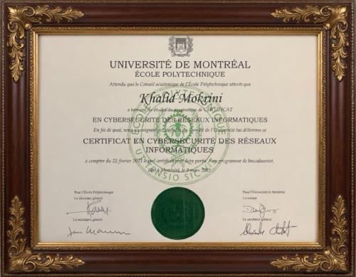 Certificat en Cybersécurité des Réseaux Informatiques - Khalid Mokrini - Polytechnique Montréal 2021
